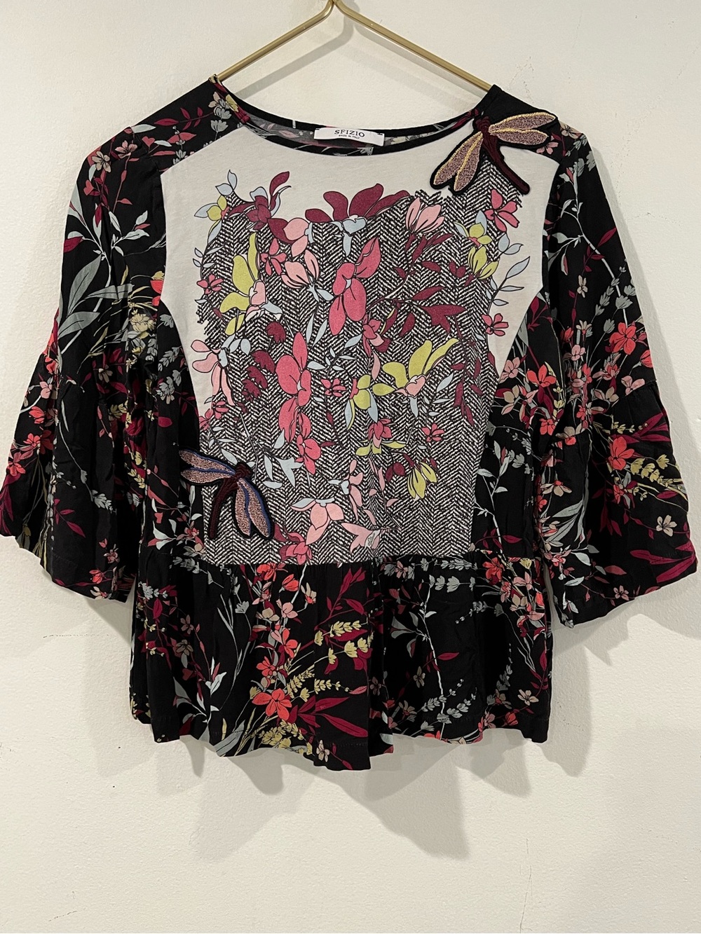 SFIZIO made in ITALY Floral Patchwork Peplum Top - Florals S